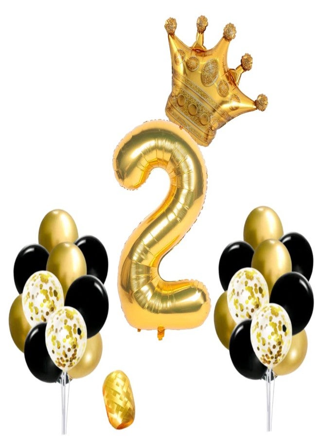 FI - FLICK IN 27 pcs 2nd Birthday Decorations for Girls Second Birthday Decoration for Boys Kit Metallic Confetti Balloons Bunches Number 2 Foil Balloon Decoration for Bday (Pack of 27,Gold & Black) - Image 1